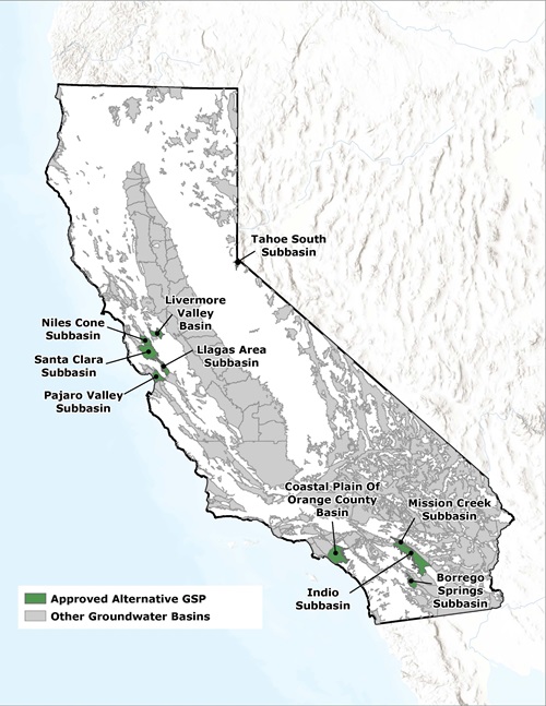 A map of California highlighting the status of Alternatives to GSPs throughout the state.