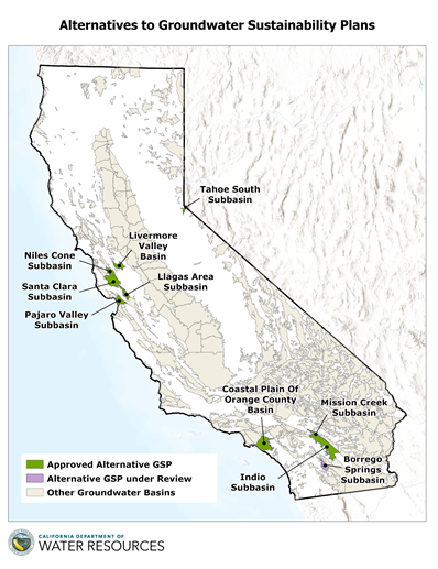 Map of Locations of Alternatives to Groundwater Sustainability Plans.