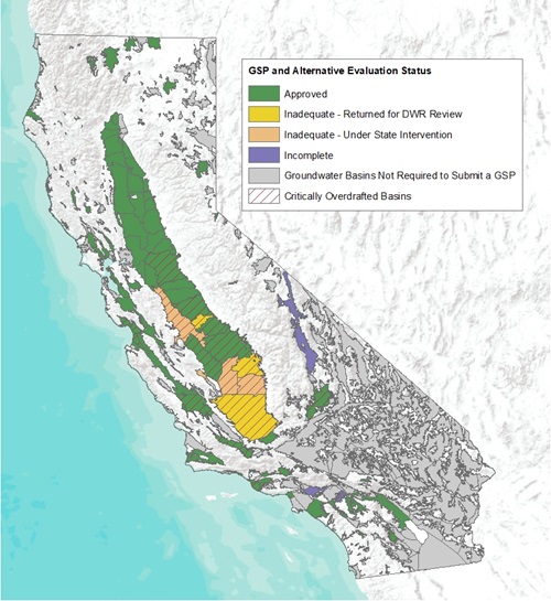 A map of California highlighting the status of GSPs throughout the state.