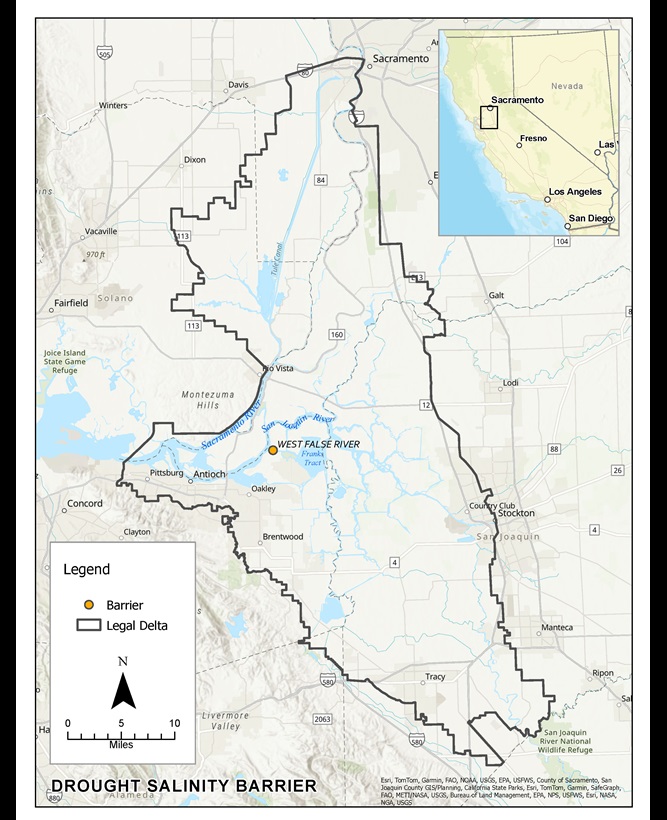 This map shows the location of the current West False River drought salinity barrier and the potential North Delta drought salinity barriers. The current West False River drought salinity barrier is located near the mouth of the West False River where it flows into the San Joaquin River. The locations of the potential North Delta Drought Salinity Barrier are: 1) Miner Slough site - located in the north Delta just upstream of the Miner Slough Bridge and CA-84N, adjacent to the northwest end of Ryer Island; and 2) the Steamboat Slough site – located 7 miles south-southwest of the Miner Slough site, on the east side of Ryer Island, 1 mile upstream from the southern confluence of Steamboat Slough and the Sacramento River, between Ryer Island and Grand Island. 