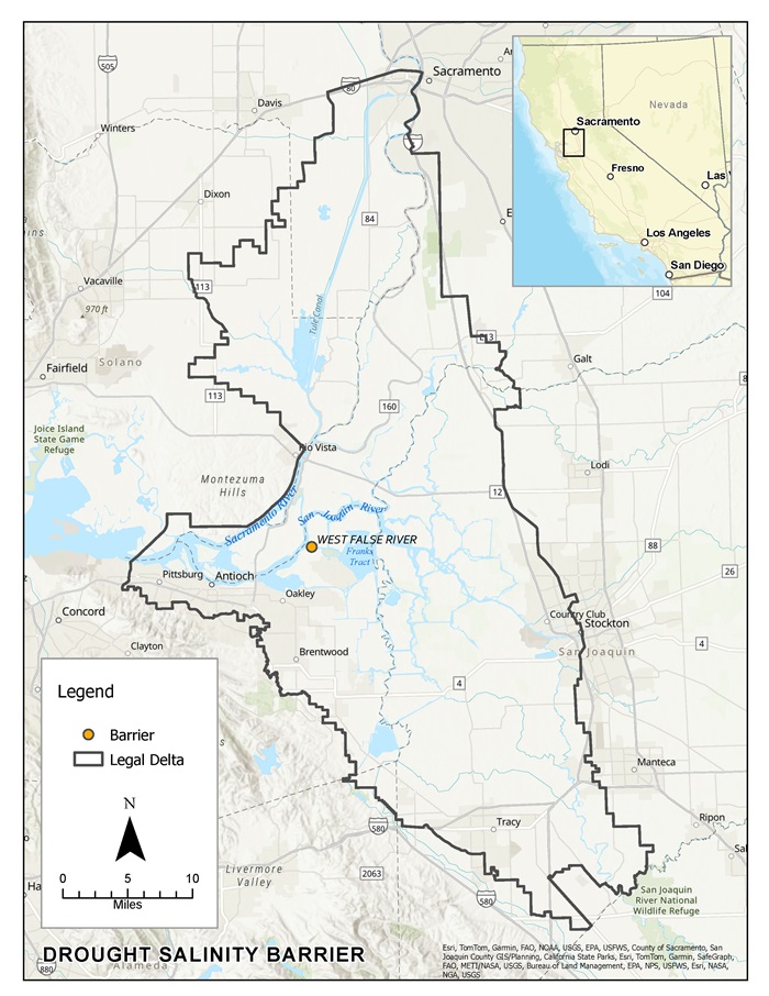 Map showing the location of the drought salinity barrier on West False River in relation to the Legal Delta