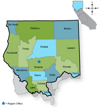 Map showing Northern California regional offices in Tehama County
