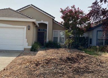 Wood chips pile in front of a home