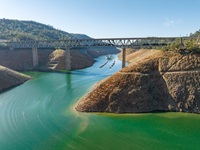 Low water conditions at West Branch Feather River Bridge along Highway 70 at Lake Oroville in Butte County, California.