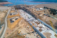 A drone provides an overview of the upper chute on the Lake Oroville main spillway