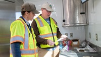 (left to right) Katy (Margaret) Janes and Mark Souverville, engineering geologists for the California Department of Water Resources, review data collected during Cone Penetrometer Testing (CPT). The truck mounted CPT rig is used to characterize the shallow subsurface materials (up to 100 feet deep) by pushing a metal rod with tip mounted instruments into the ground. The information gathered with these techniques will be used to characterize the shallow groundwater hydrogeology in the study area and can assist in the creation of groundwater sustainability plans as part of the Sustainable Groundwater Management Act. Photo taken November 1, 2019.